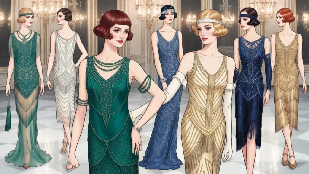 key features of 1920s evening and formal gowns